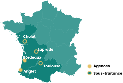 infographie représentant les agences de Bordeaux et Anglet, ansi que les villes desservies (Cholet, Laprade, Toulouse)sur une carte de France